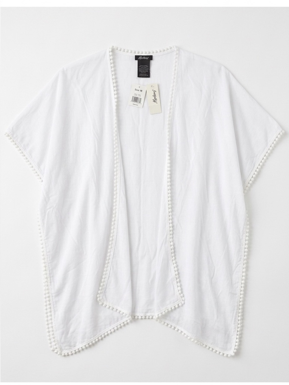 NWT Reitmans White Pom-Pom Trim Beach Cover Up Kimono Wrap Boho Vacation